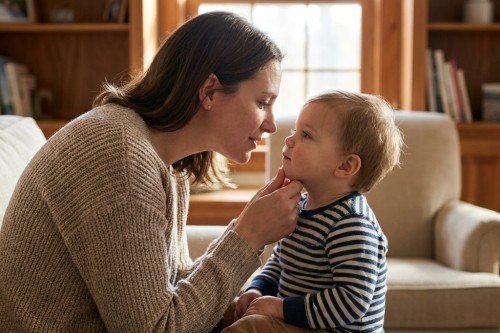 mother looking closely at her child's prosthetic eye