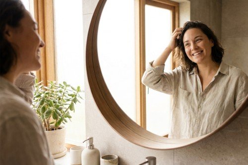 woman considering prosthetic eye maintenance looking in mirror